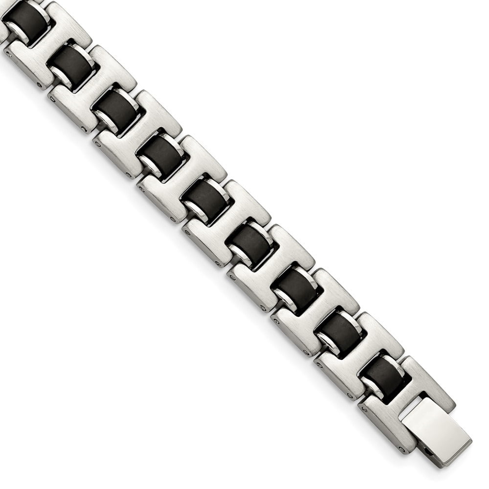 Diamond2Deal Stainless Steel Brushed with Black Rubber Bracelet for Men 8.5"