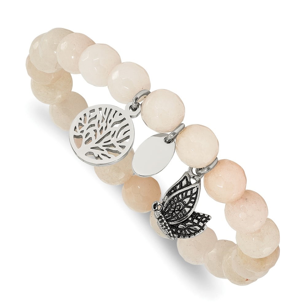 Diamond2Deal Stainless Steel Butterfly and Tree of Life 8mm White Jade Beaded Stretch Bracelet for Women 6.25"