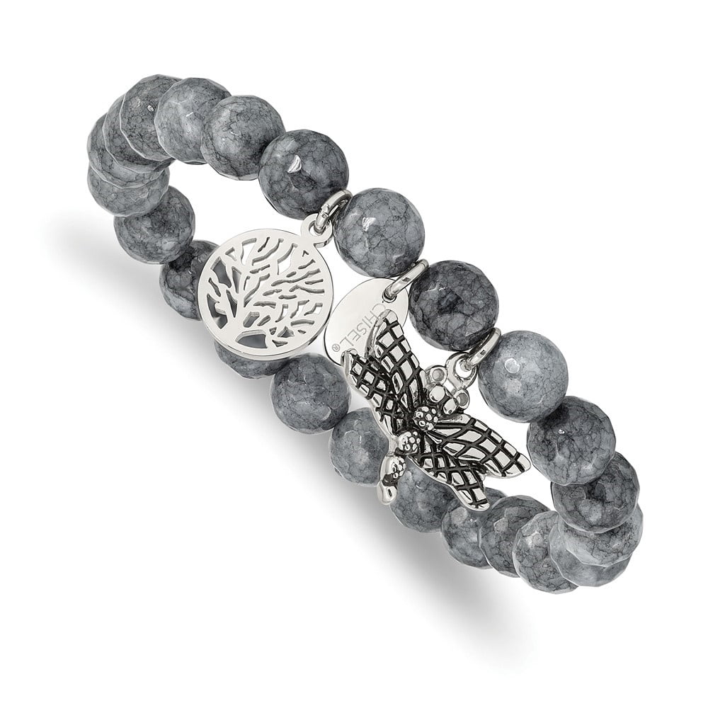 Diamond2Deal Stainless Steel Dragonfly and Tree of Life 8mm Grey Dyed Jade Beaded Stretch Bracelet for Women 6"