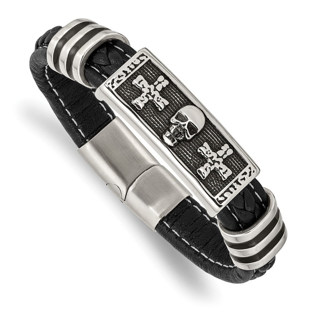 Diamond2Deal Stainless Steel Enameled Skull with Crosses Black Braided Faux Leather Bracelet for Men 8.5"