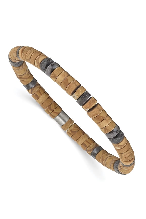 Stainless Steel Grain Stone and Black Spectrolite Beaded Stretch Bracelet for Women 7.25"