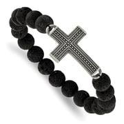 Diamond2Deal Stainless Steel Gun Metal IP-Plated Cross Lava Stone Beaded Stretch Bracelet for Men 7.75"