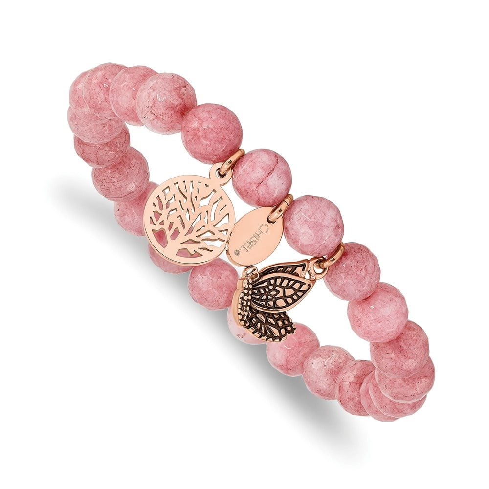 Diamond2Deal Stainless Steel IP-Plated Butterfly and Tree of Life 8mm Pink Dyed Jade Beaded Stretch Bracelet for Women 6"
