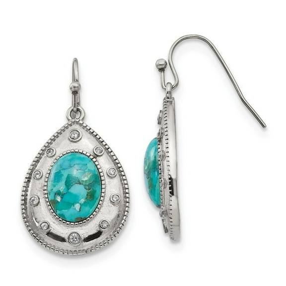 Diamond2Deal Stainless Steel Imitation Turquoise and Cubic Zirconia Dangle Shepherd Hook Earrings