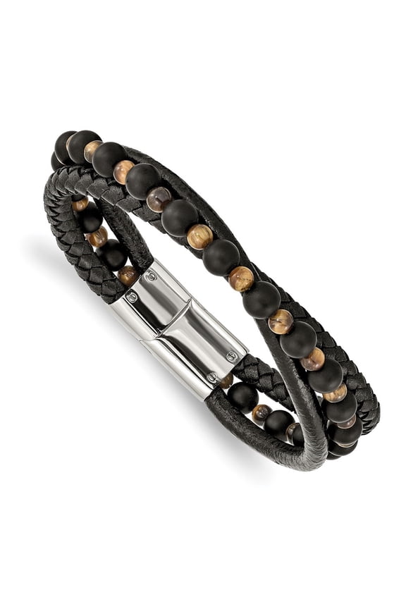 Stainless Steel Multi Strand Tiger's Eye and Black Agate Beaded Black Leather Bracelet for Men 8.25"