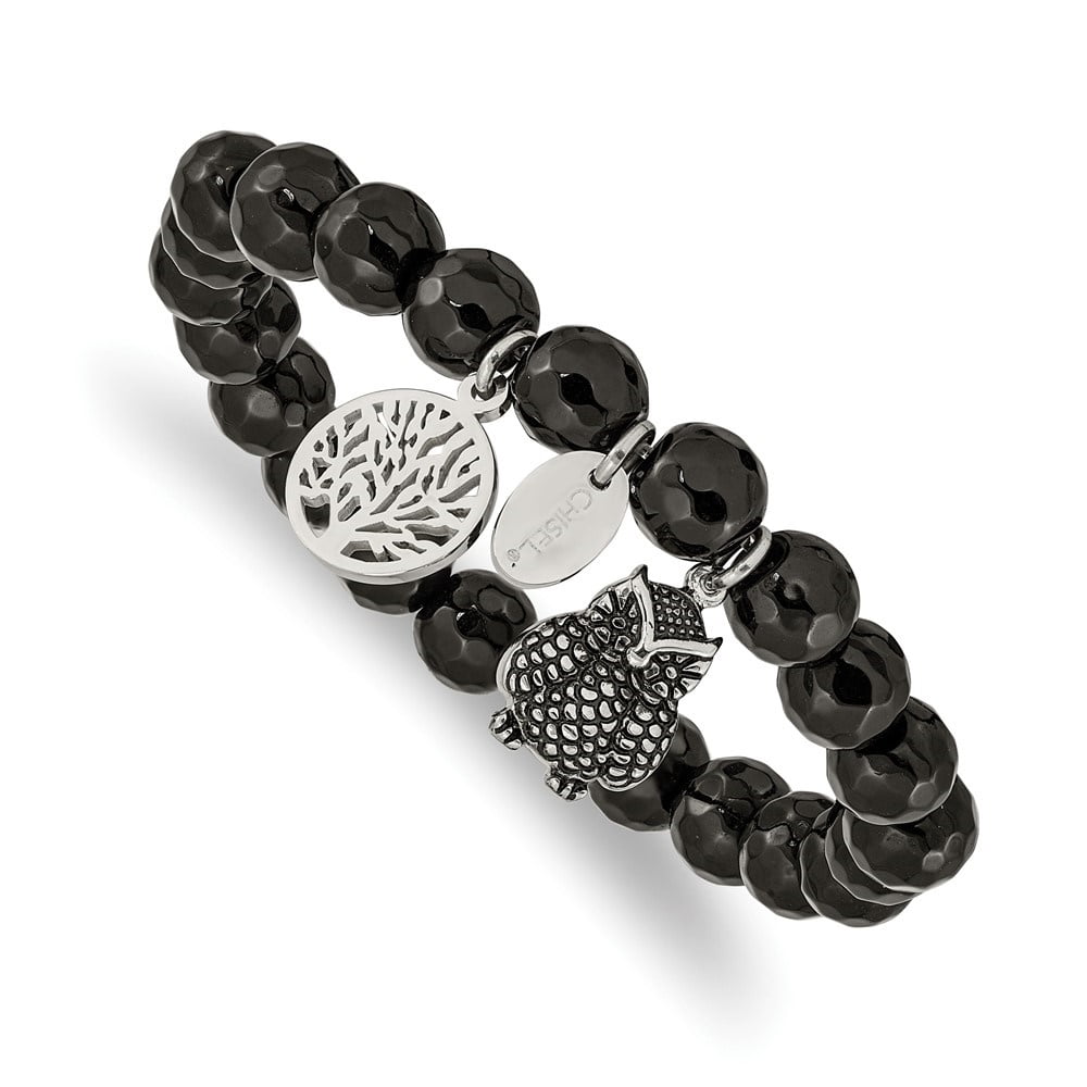 Diamond2Deal Stainless Steel Owl and Tree of Life 8mm Black Jade Beaded Stretch Bracelet for Women 6.25"