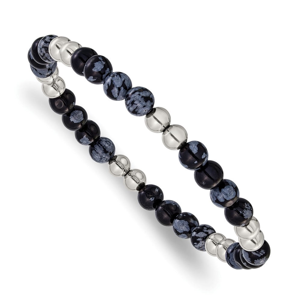 Diamond2Deal Stainless Steel Polished 6.5mm Black and Grey Synthetic Agate Stretch Bracelet for Men 8"