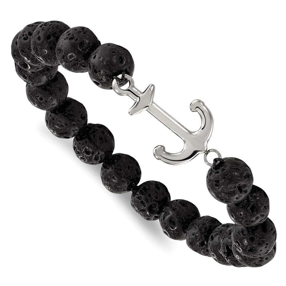 Diamond2Deal Stainless Steel Polished Anchor 10mm Black Lava Stone Stretch Bracelet for Men 7"