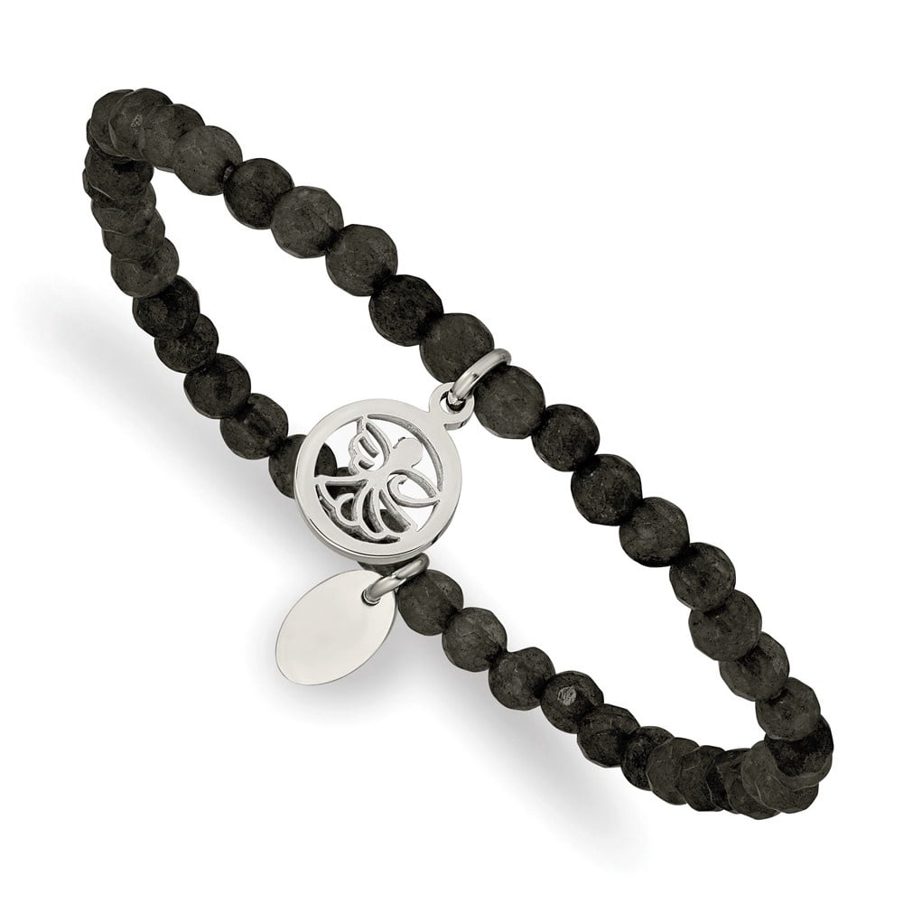 Diamond2Deal Stainless Steel Polished Angel 4mm Black Jade Beaded Stretch Bracelet for Women 6.5"