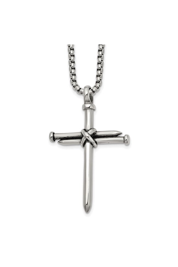 Stainless Steel Polished Antiqued and Polished Cross of Nails Pendant on a Box Chain Necklace for Men 22"