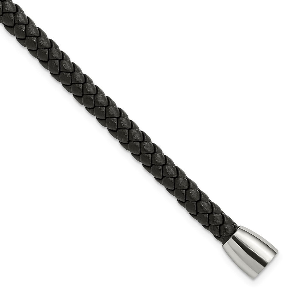 Diamond2Deal Stainless Steel Polished Black Braided Leather Bracelet for Men 8.5"