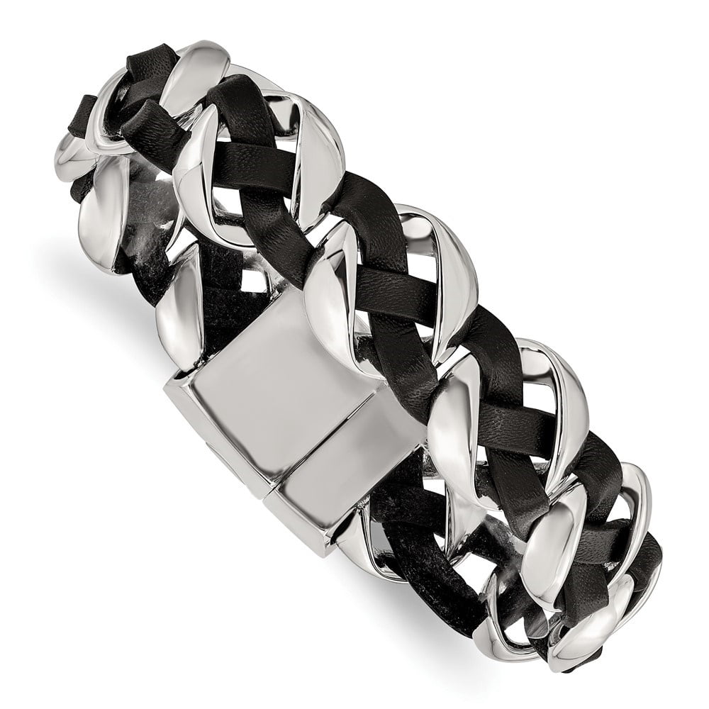 Diamond2Deal Stainless Steel Polished Black Braided Leather Bracelet for Men 8"
