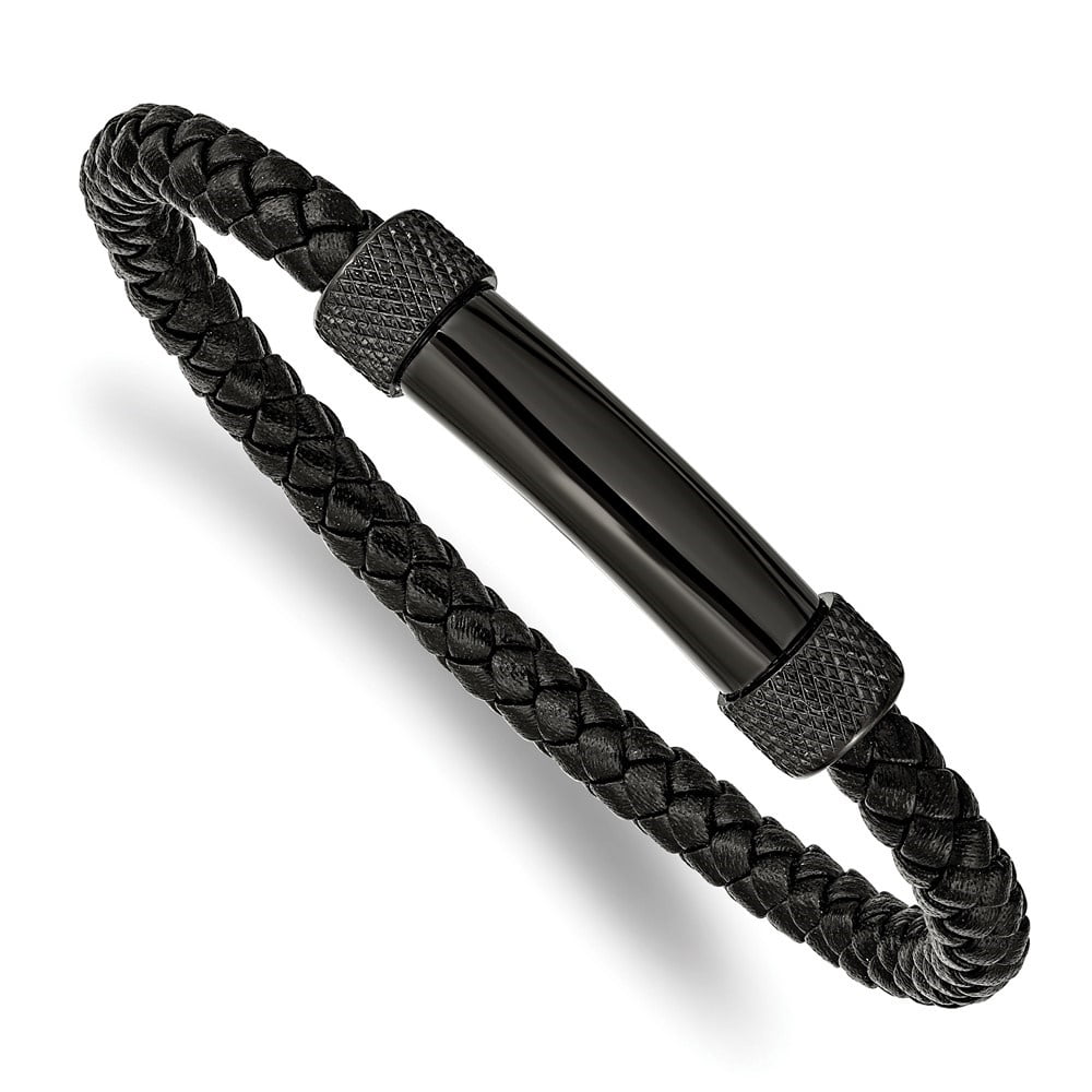 Diamond2Deal Stainless Steel Polished Black IP-Plated Black Braided Leather Bracelet for Men 8.25"