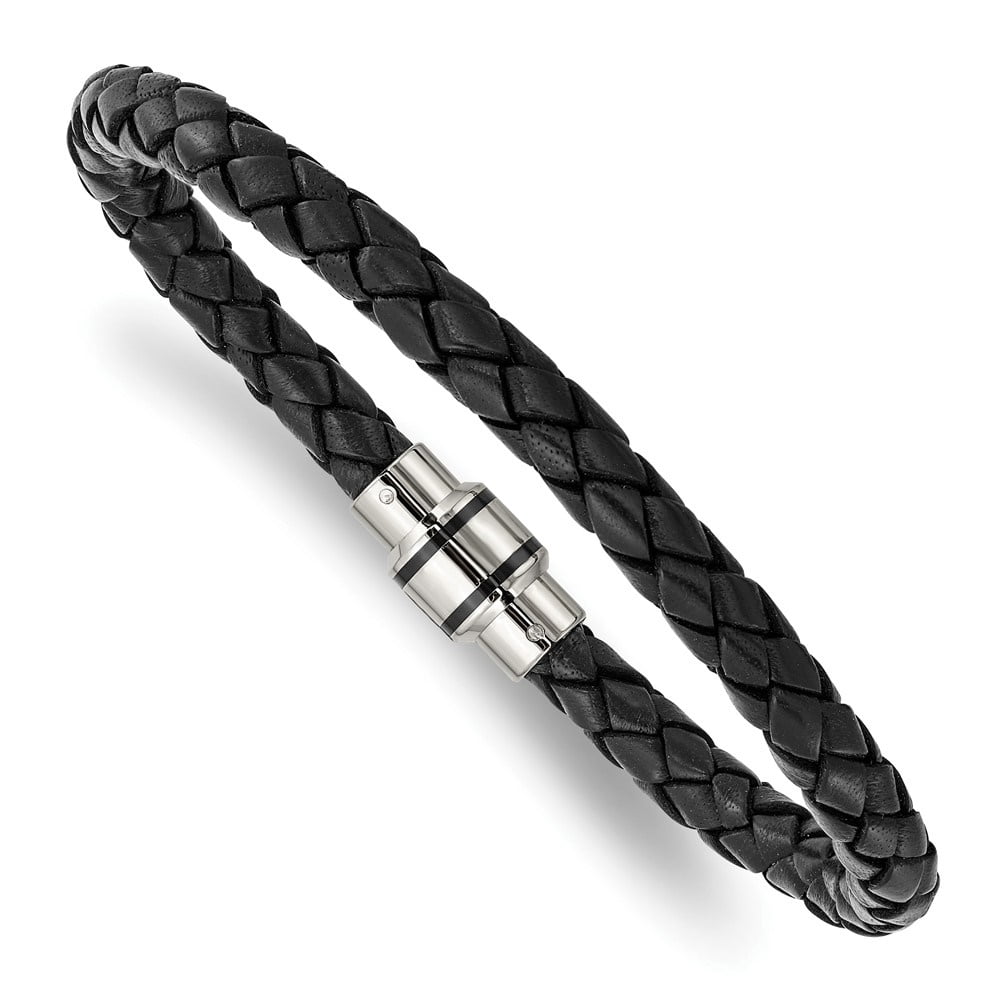 Diamond2Deal Stainless Steel Polished Black IP-Plated Black Braided Leather Bracelet for Men 9"