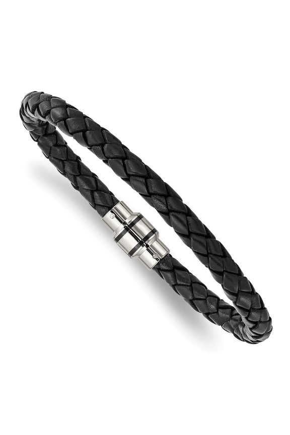 Stainless Steel Polished Black IP-Plated Black Braided Leather Bracelet for Men 9"