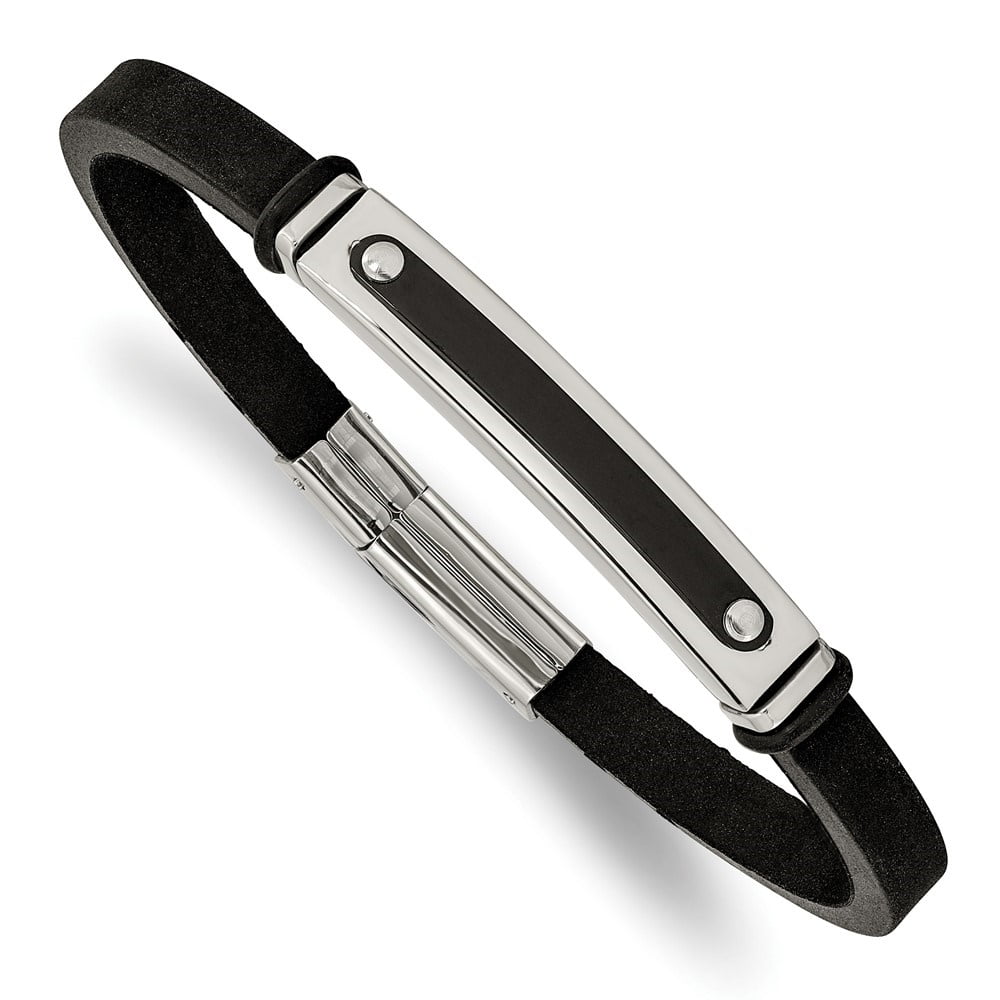 Diamond2Deal Stainless Steel Polished Black IP-Plated Black Rubber Bracelet for Men 8.25"