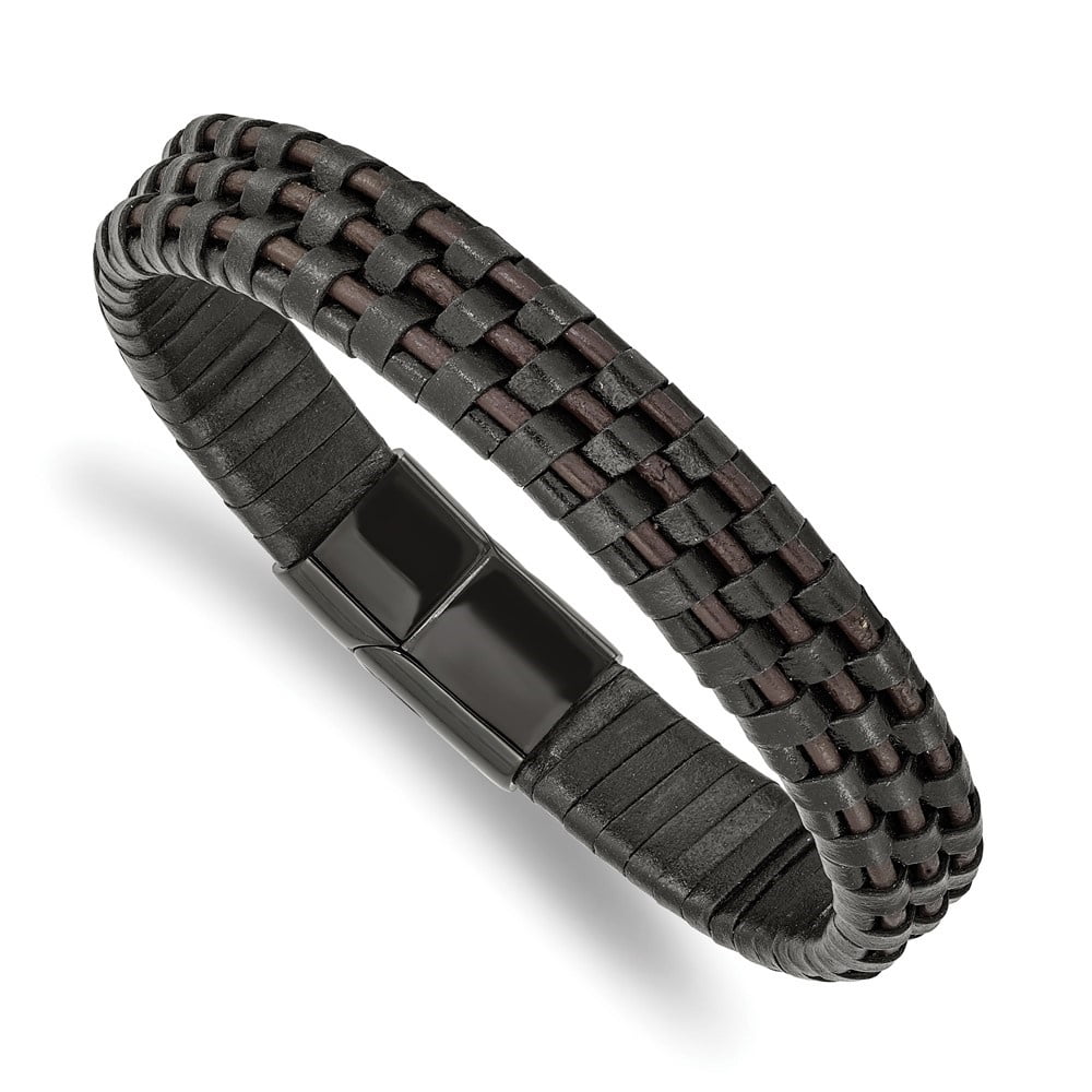 Diamond2Deal Stainless Steel Polished Black IP-Plated Black and Brown Leather Bracelet for Men 8.25"
