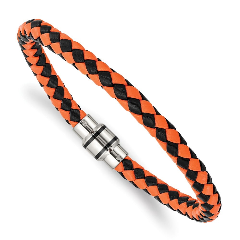 Diamond2Deal Stainless Steel Polished Black IP-Plated Black and Orange Braided Leather Bracelet for Men 9"