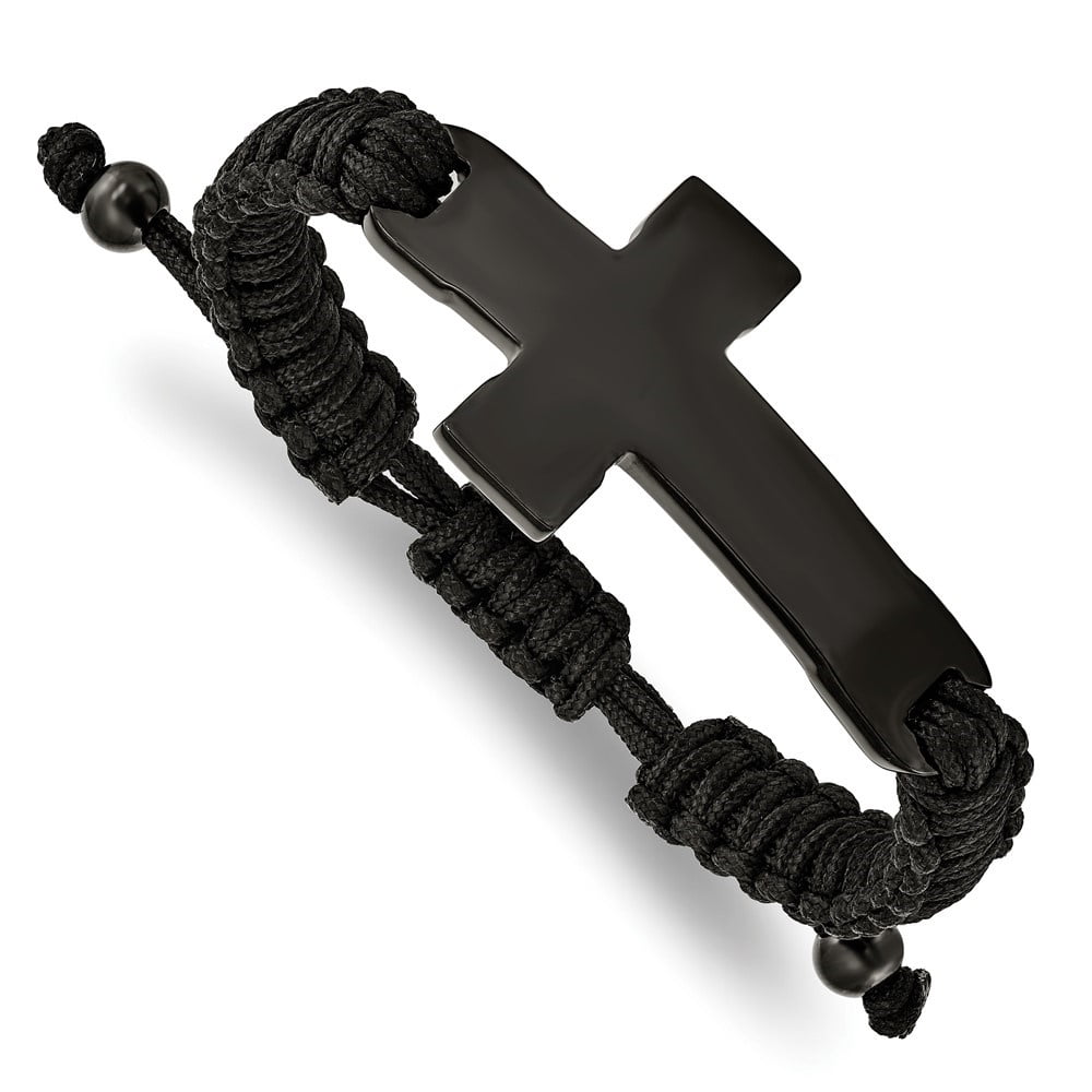 Diamond2Deal Stainless Steel Polished Black IP-Plated Cross Black Nylon Adjustable Bracelet for Men