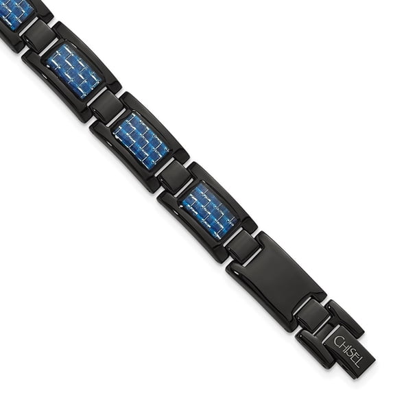 Diamond2Deal Stainless Steel Polished Black IP-Plated with Blue Carbon Fiber Inlay Link Bracelet for Men 8.25"