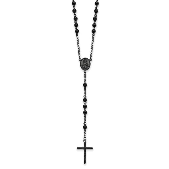 Diamond2Deal Stainless Steel Polished Black IP-plated Beaded Rosary Necklace for Women 30"