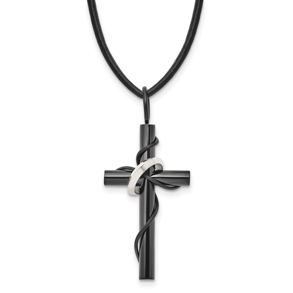 Diamond2Deal Stainless Steel Polished Black IP-plated Cross with Ring Leather Cord Necklace for Men 20.5"
