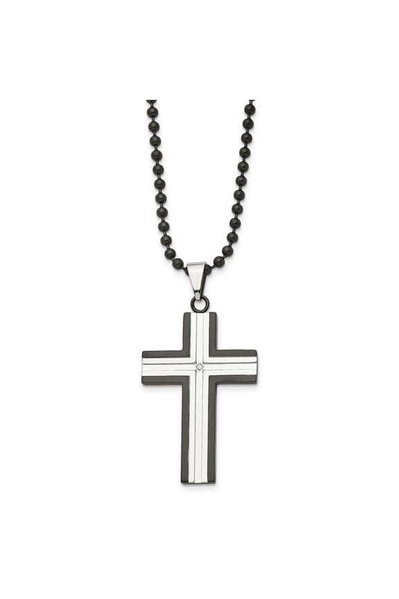 Stainless Steel Polished Black IP-plated Edges with CZ Cross Pendant on a Ball Chain Necklace for Mens 30"