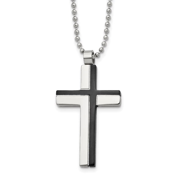 Diamond2Deal Stainless Steel Polished Black IP-plated Laser Cut Cross Pendant on a Ball Chain Necklace for Men 20"