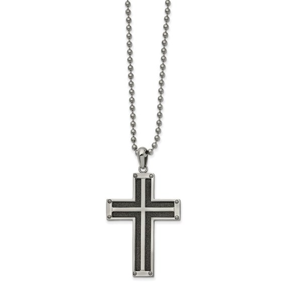 Diamond2Deal Stainless Steel Polished Black IP-plated Laser Cut Cross Pendant on a Ball Chain Necklace for Men 22"