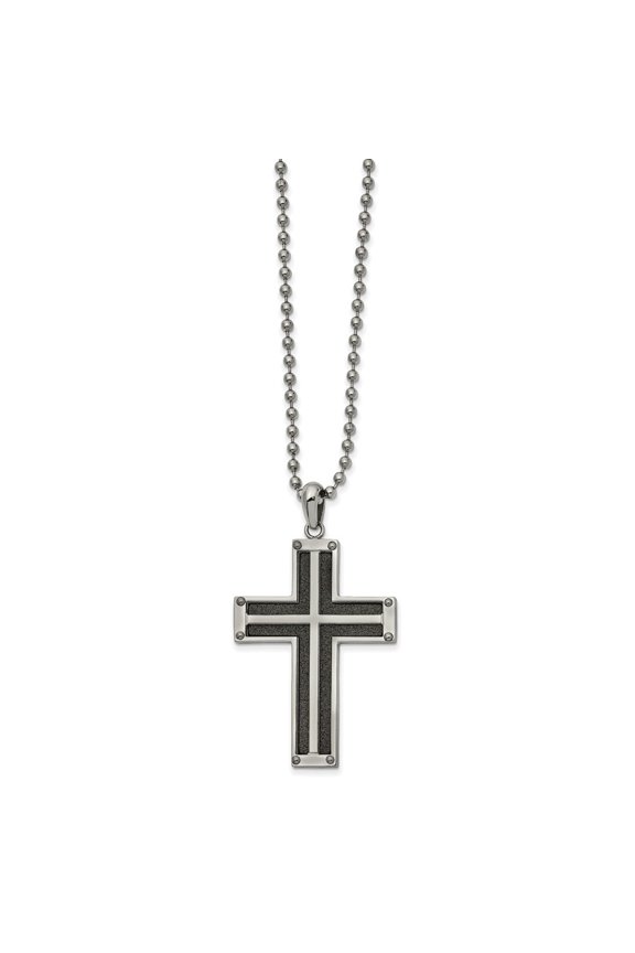 Stainless Steel Polished Black IP-plated Laser Cut Cross Pendant on a Ball Chain Necklace for Men 22"