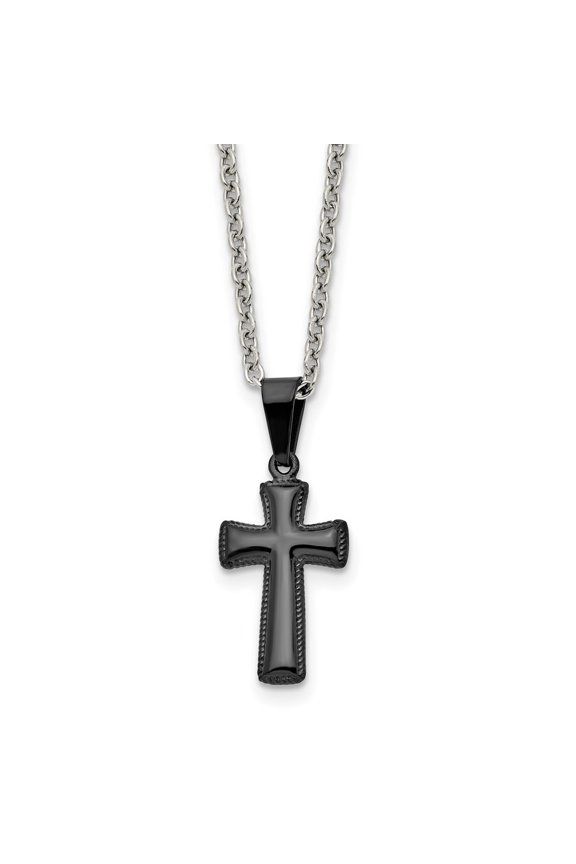 Stainless Steel Polished Black IP-plated Small Pillow Cross Pendant on a Cable Chain Necklace for Women 16"