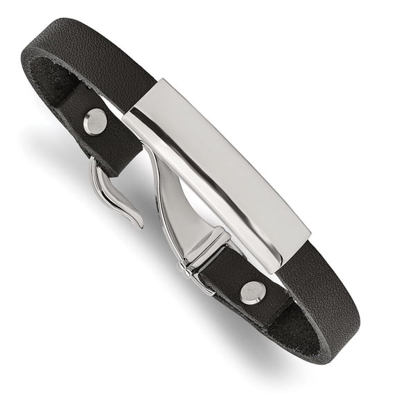 Diamond2Deal Stainless Steel Polished Black Leather ID Bracelet for Women 8.5"