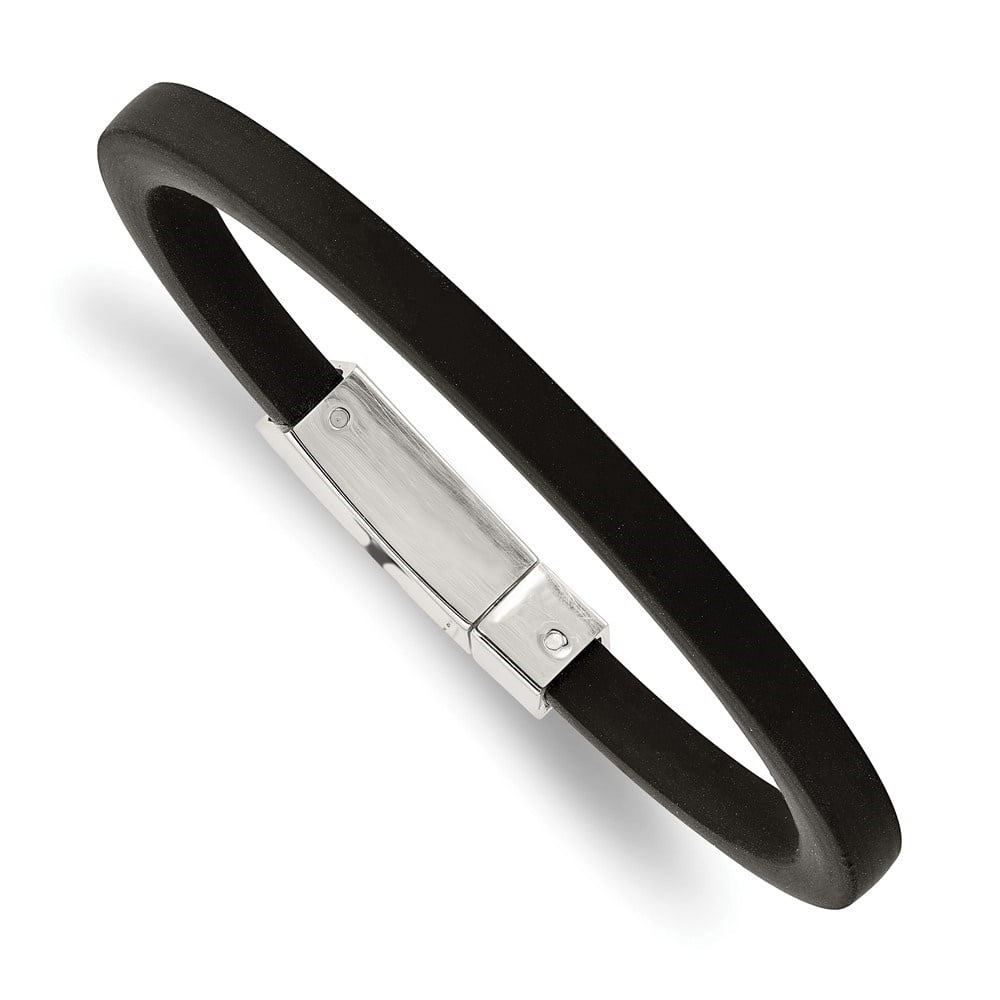 Diamond2Deal Stainless Steel Polished Black Rubber Bracelet for Men 8.5"