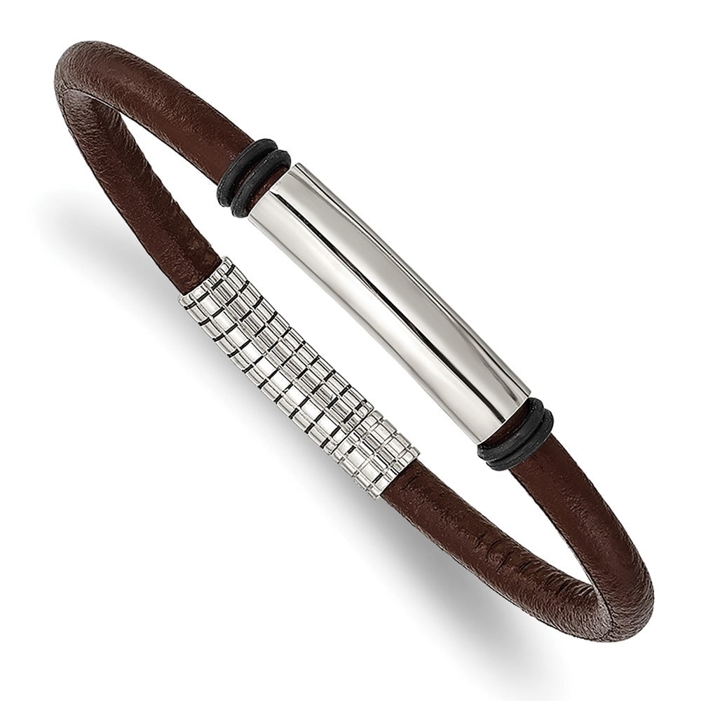 Diamond2Deal Stainless Steel Polished Black and Brown Rubber Bracelet for Men 8.5"