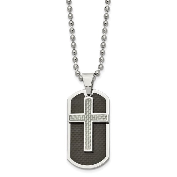 Diamond2Deal Stainless Steel Polished Black and Grey Carbon Fiber Inlay 2 Piece Cross Dogtag on a Ball Chain Necklace for Mens 24"
