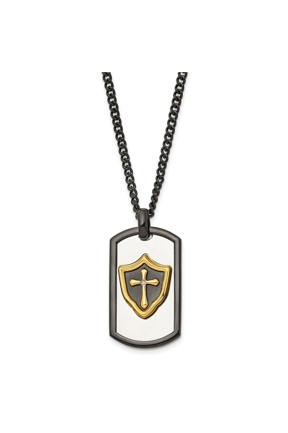 Stainless Steel Polished Black and Yellow IP-plated with CZ HERO Dogtag on a Curb Chain Necklace for Mens 24"
