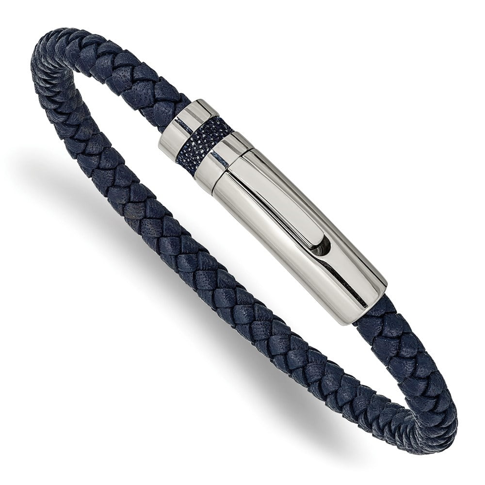 Diamond2Deal Stainless Steel Polished Blue Braided Leather Bracelet for Men 8.25"