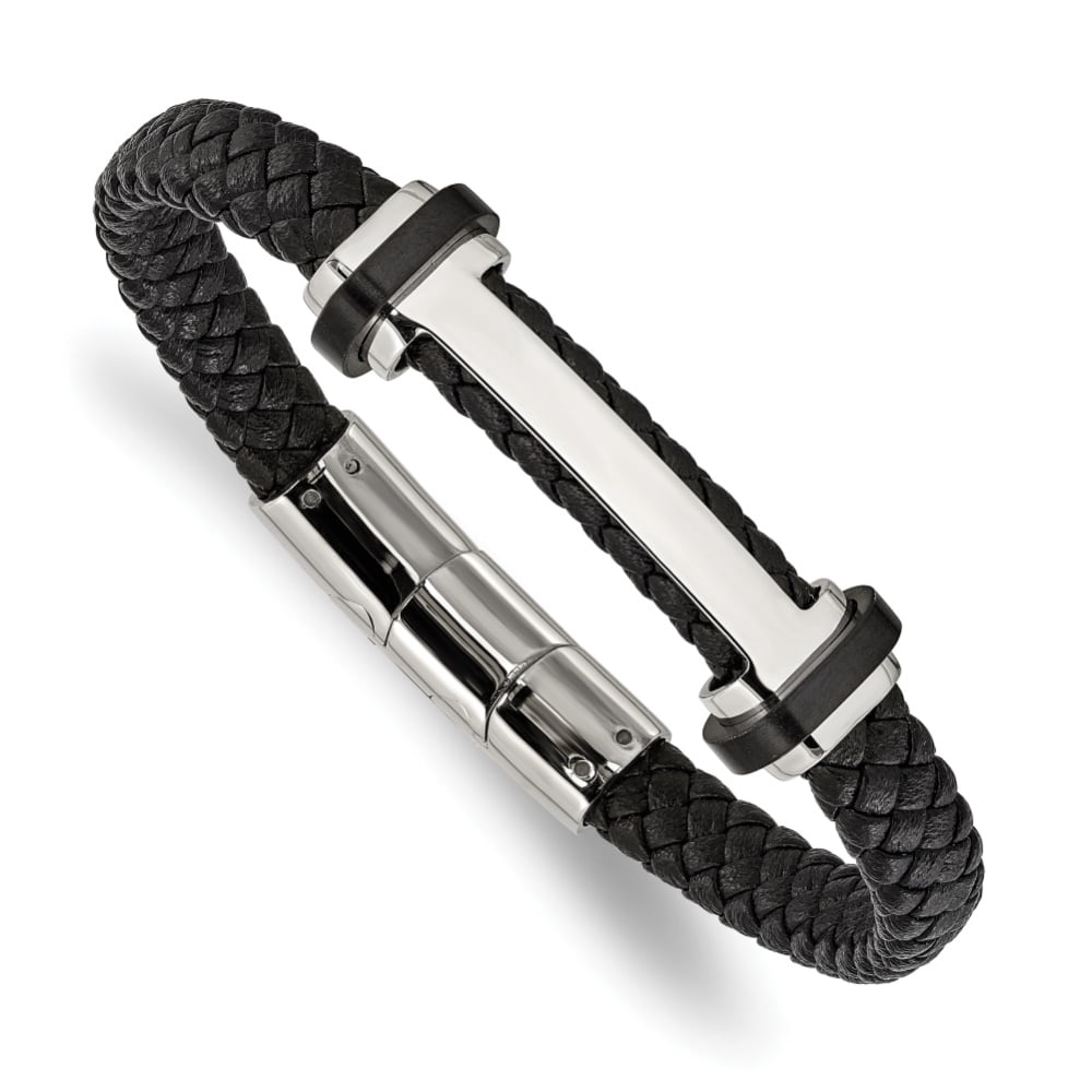 Diamond2Deal Stainless Steel Polished Braided Black Leather 8 inch Plus a .5 In Ext Bracelet for Men 8.5"