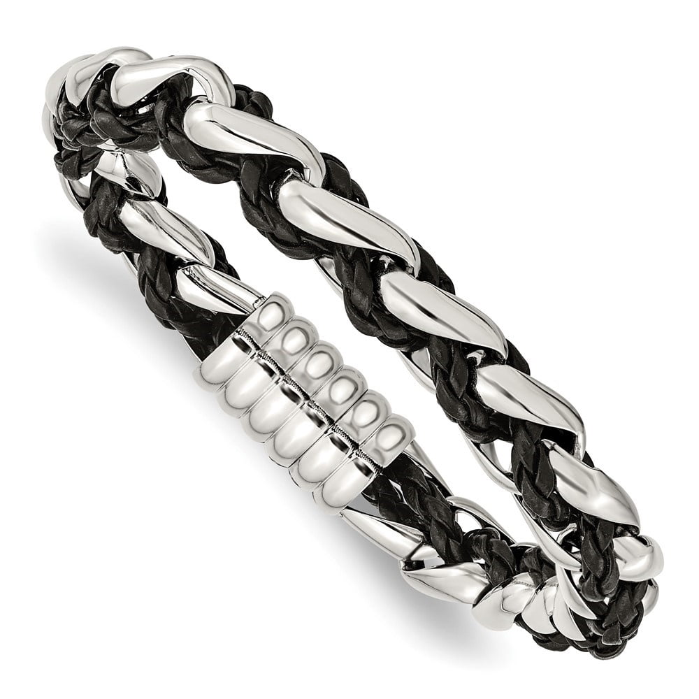 Diamond2Deal Stainless Steel Polished Braided Black Leather Bracelet for Men 8.5"