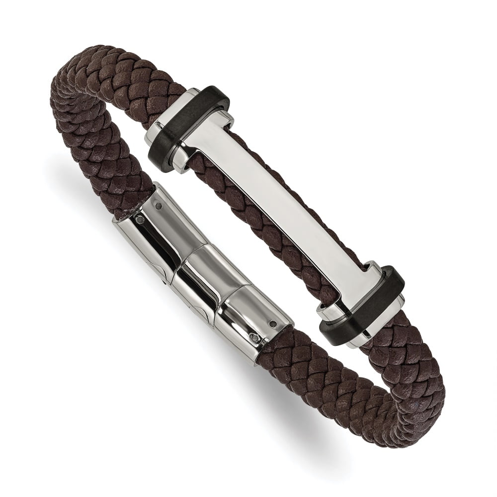 Diamond2Deal Stainless Steel Polished Braided Brown Leather 8 inch Plus a .5 In Ext Bracelet for Men 8.5"