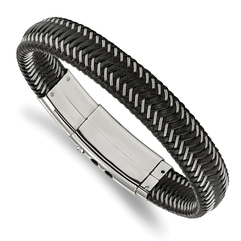Diamond2Deal Stainless Steel Polished Braided Wire and Black Leather Adjustable Bracelet for Men