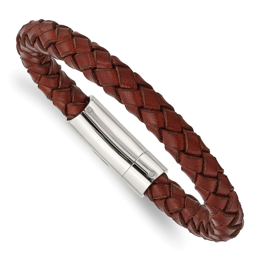 Diamond2Deal Stainless Steel Polished Brown Braided Leather Bracelet for Men 8.5"