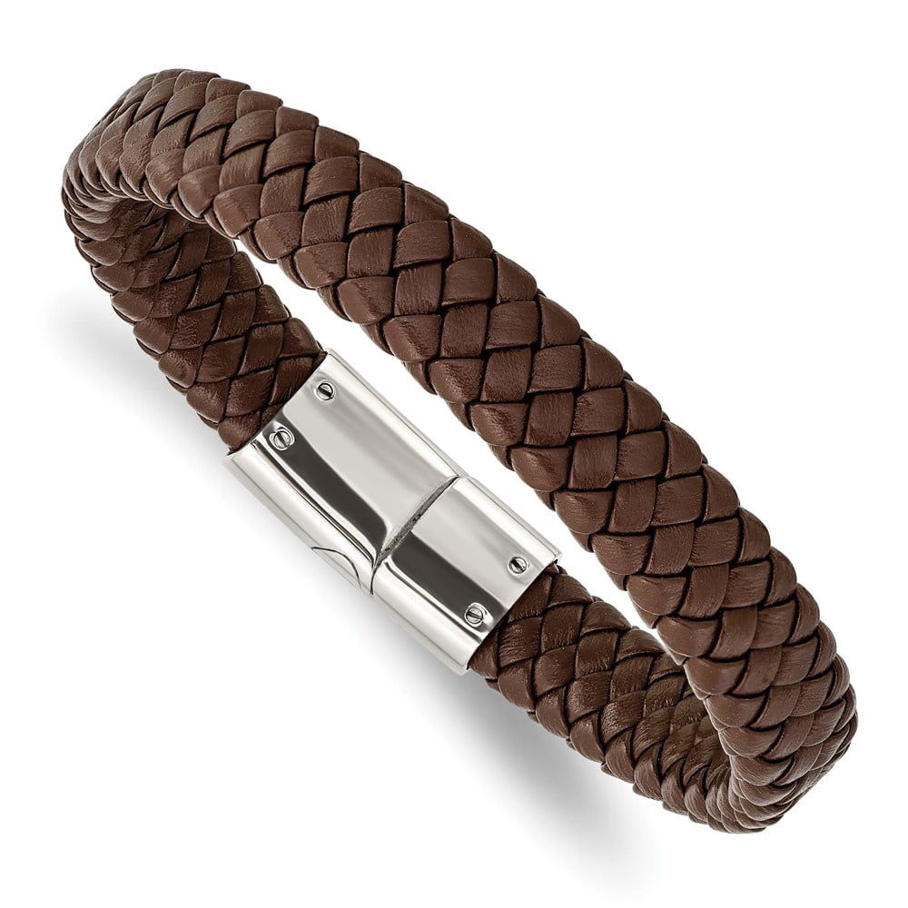Diamond2Deal Stainless Steel Polished Brown Braided Leather Bracelet for Men 8.5"