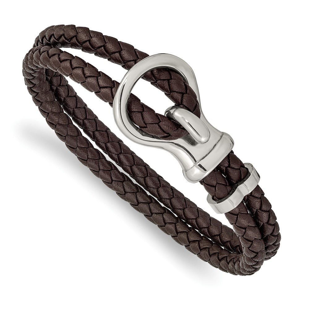 Diamond2Deal Stainless Steel Polished Brown Braided Leather Bracelet for Men 8"