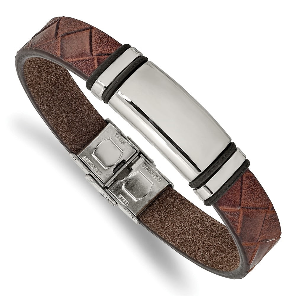 Diamond2Deal Stainless Steel Polished Brown Faux Leather with Black Rubber ID Bracelet for Men 8.25"