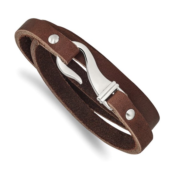 Diamond2Deal Stainless Steel Polished Brown Leather Wrap Bracelet for Men 24"