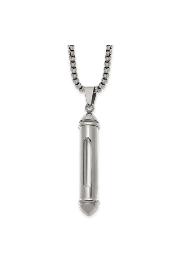 Stainless Steel Polished Bullet with Clear Vial Pendant on a Box Chain Necklace for Men 22"