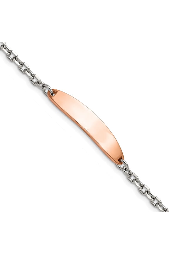 Stainless Steel Polished Cable Chain Rose IP-Plated ID Bracelet for Women 7"