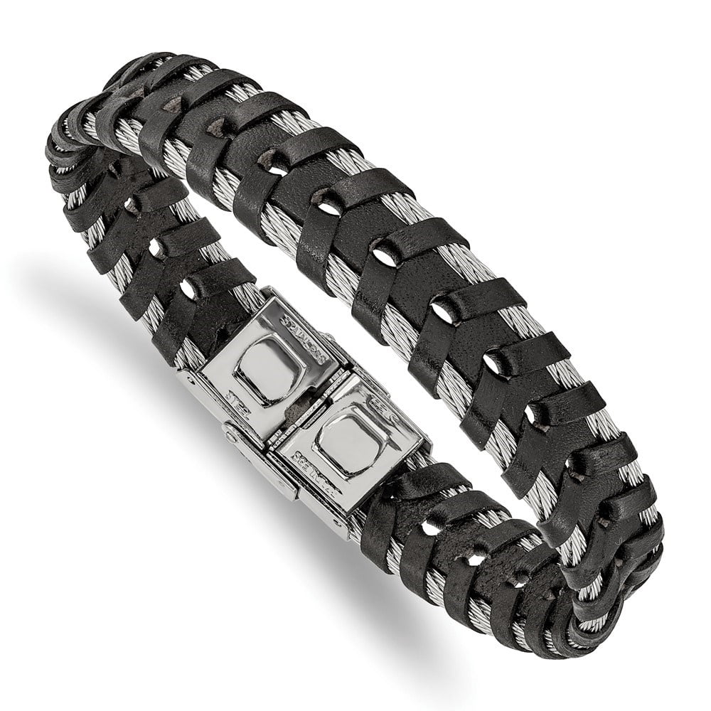 Diamond2Deal Stainless Steel Polished Cable and Black Leather Bracelet for Men 8.25"