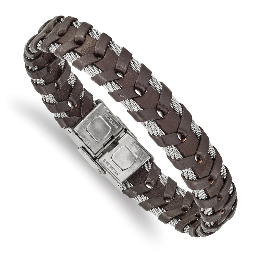 Diamond2Deal Stainless Steel Polished Cable and Brown Leather Bracelet for Men 8.25"